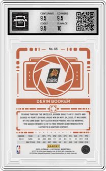 Devin Booker from the 2023-24 Panini Photogenic set featuring a Diamond parallel graded by Arena Club and given an overall grade of 10.