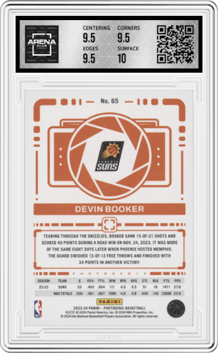 Devin Booker from the 2023-24 Panini Photogenic set featuring a Diamond parallel graded by Arena Club and given an overall grade of 10.