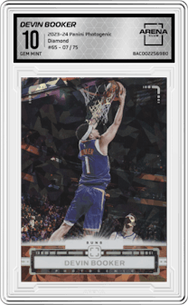 Devin Booker from the 2023-24 Panini Photogenic set featuring a Diamond parallel graded by Arena Club and given an overall grade of 10.