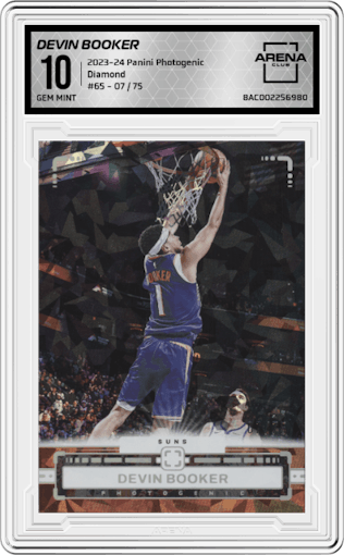Devin Booker from the 2023-24 Panini Photogenic set featuring a Diamond parallel graded by Arena Club and given an overall grade of 10.