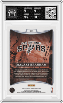 Malaki Branham from the 2022-23 Panini Origins set featuring a Red  parallel graded by Arena Club and given an overall grade of 9.5.