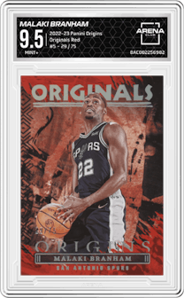 Malaki Branham from the 2022-23 Panini Origins set featuring a Red  parallel graded by Arena Club and given an overall grade of 9.5.