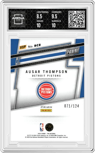 Ausar Thompson from the 2024 Panini The National VIP set featuring a Blue Sparkle parallel graded by Arena Club and given an overall grade of 9.
