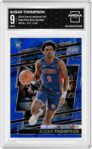 Ausar Thompson from the 2024 Panini The National VIP set featuring a Blue Sparkle parallel graded by Arena Club and given an overall grade of 9.