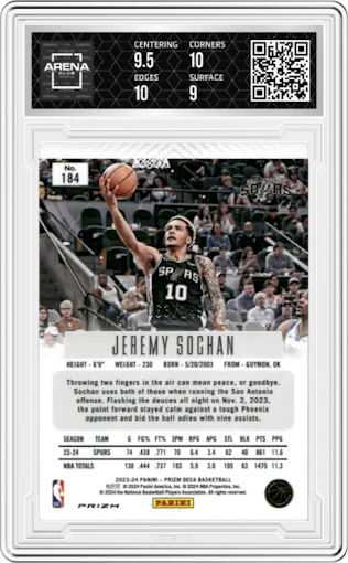 Jeremy Sochan from the 2023-24 Panini Prizm Deca set featuring a Blue Prizm parallel graded by Arena Club and given an overall grade of 9.5.