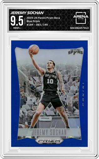Jeremy Sochan from the 2023-24 Panini Prizm Deca set featuring a Blue Prizm parallel graded by Arena Club and given an overall grade of 9.5.