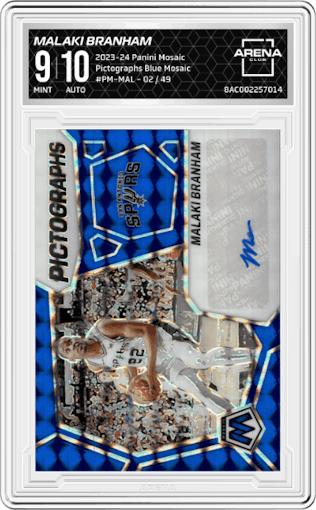 Malaki Branham  from the 2023-24 Panini Mosaic set featuring a Blue Mosaic parallel graded by Arena Club and given an overall grade of 9.