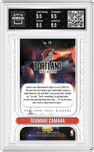 Toumani Camara from the 2023-24 Panini Phoenix set featuring a Red parallel graded by Arena Club and given an overall grade of 9.5.