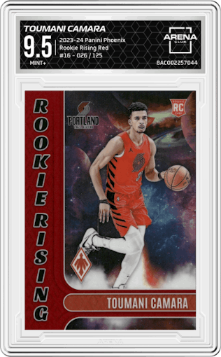 Toumani Camara from the 2023-24 Panini Phoenix set featuring a Red parallel graded by Arena Club and given an overall grade of 9.5.