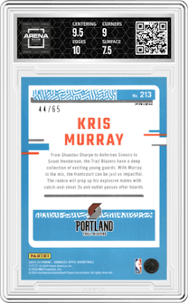 Kris Murray from the 2023-24 Donruss Optic set featuring a Green International parallel graded by Arena Club and given an overall grade of 8.