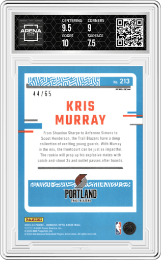 Kris Murray from the 2023-24 Donruss Optic set featuring a Green International parallel graded by Arena Club and given an overall grade of 8.