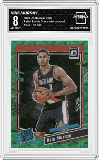 Kris Murray from the 2023-24 Donruss Optic set featuring a Green International parallel graded by Arena Club and given an overall grade of 8.