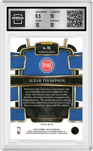 Ausar Thompson from the 2023-24 Panini Select  set featuring a Maroon Prizm parallel graded by Arena Club and given an overall grade of 10.