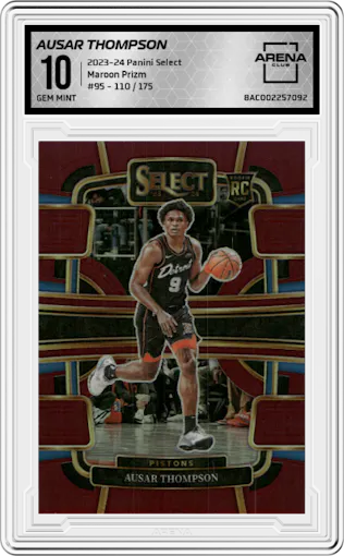 Ausar Thompson from the 2023-24 Panini Select  set featuring a Maroon Prizm parallel graded by Arena Club and given an overall grade of 10.