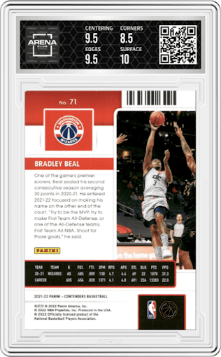Bradley Beal from the 2021-22 Panini Contenders  set featuring a Cracked Ice Ticket  parallel graded by Arena Club and given an overall grade of 9.