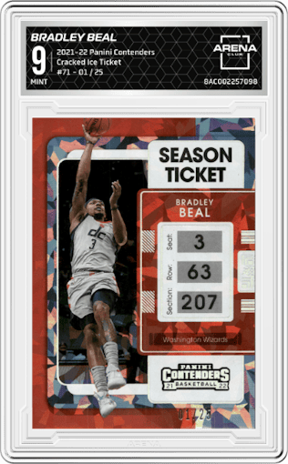Bradley Beal from the 2021-22 Panini Contenders  set featuring a Cracked Ice Ticket  parallel graded by Arena Club and given an overall grade of 9.