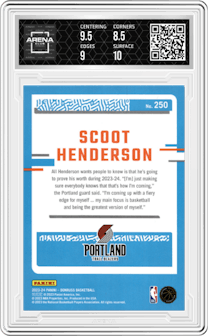 Scoot Henderson from the 2023-24 Panini Donruss set featuring a Red parallel graded by Arena Club and given an overall grade of 9.