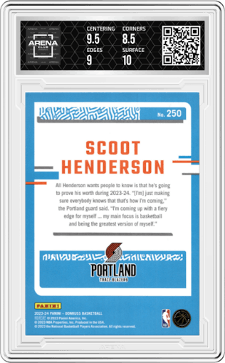 Scoot Henderson from the 2023-24 Panini Donruss set featuring a Red parallel graded by Arena Club and given an overall grade of 9.