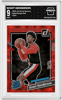 Scoot Henderson from the 2023-24 Panini Donruss set featuring a Red parallel graded by Arena Club and given an overall grade of 9.