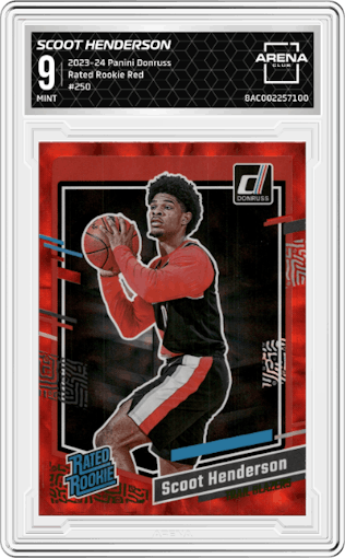 Scoot Henderson from the 2023-24 Panini Donruss set featuring a Red parallel graded by Arena Club and given an overall grade of 9.