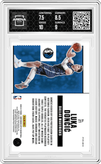 Luka Doncic from the 2020-21 Panini Contenders Optic set featuring a Red Cracked Ice parallel graded by Arena Club and given an overall grade of 8.