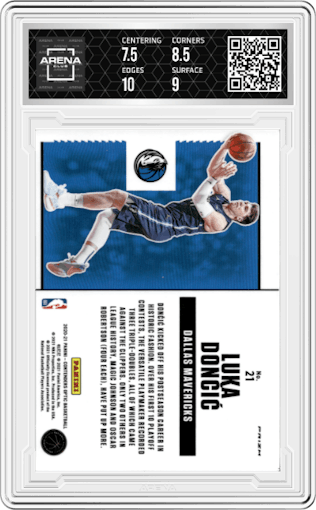Luka Doncic from the 2020-21 Panini Contenders Optic set featuring a Red Cracked Ice parallel graded by Arena Club and given an overall grade of 8.