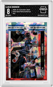 Luka Doncic from the 2020-21 Panini Contenders Optic set featuring a Red Cracked Ice parallel graded by Arena Club and given an overall grade of 8.