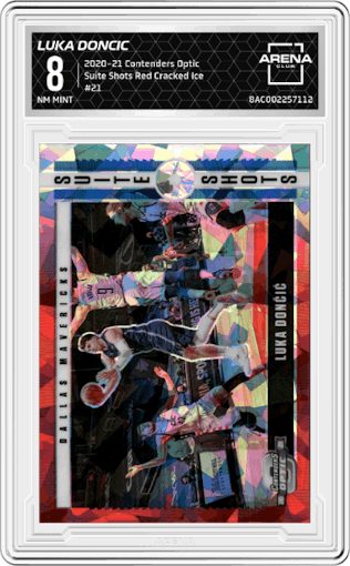 Luka Doncic from the 2020-21 Panini Contenders Optic set featuring a Red Cracked Ice parallel graded by Arena Club and given an overall grade of 8.
