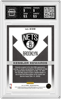 Kessler Edwards from the 2021-22 Panini Recon set featuring a Holo Orange parallel graded by Arena Club and given an overall grade of 9.5.