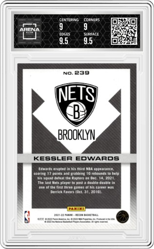 Kessler Edwards from the 2021-22 Panini Recon set featuring a Holo Orange parallel graded by Arena Club and given an overall grade of 9.5.