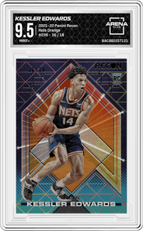 Kessler Edwards from the 2021-22 Panini Recon set featuring a Holo Orange parallel graded by Arena Club and given an overall grade of 9.5.