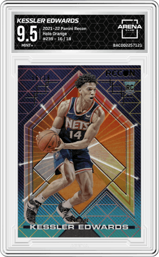 Kessler Edwards from the 2021-22 Panini Recon set featuring a Holo Orange parallel graded by Arena Club and given an overall grade of 9.5.
