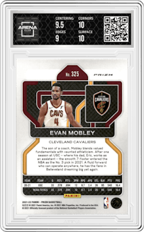 Evan Mobley from the 2021-22 Panini Prizm  set featuring a Factory Box Set parallel graded by Arena Club and given an overall grade of 9.5.