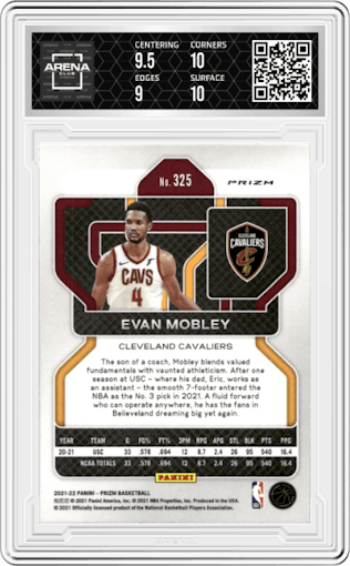 Evan Mobley from the 2021-22 Panini Prizm  set featuring a Factory Box Set parallel graded by Arena Club and given an overall grade of 9.5.