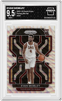 Evan Mobley from the 2021-22 Panini Prizm  set featuring a Factory Box Set parallel graded by Arena Club and given an overall grade of 9.5.