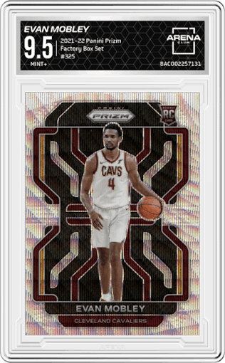Evan Mobley from the 2021-22 Panini Prizm  set featuring a Factory Box Set parallel graded by Arena Club and given an overall grade of 9.5.