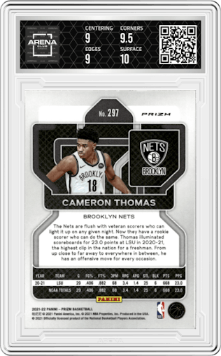 Cameron Thomas from the 2021-22 Panini Prizm  set featuring a Hyper parallel graded by Arena Club and given an overall grade of 9.5.