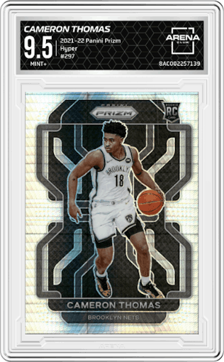 Cameron Thomas from the 2021-22 Panini Prizm  set featuring a Hyper parallel graded by Arena Club and given an overall grade of 9.5.