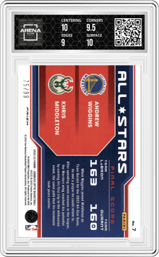 Andrew Wiggins & Khris Middleton from the 2022-23 Panini Donruss Optic  set featuring a Red/Gold Wave parallel graded by Arena Club and given an overall grade of 9.5.