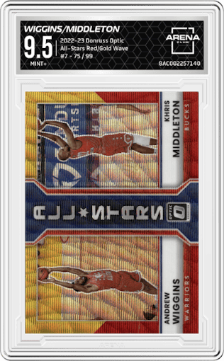 Andrew Wiggins & Khris Middleton from the 2022-23 Panini Donruss Optic  set featuring a Red/Gold Wave parallel graded by Arena Club and given an overall grade of 9.5.