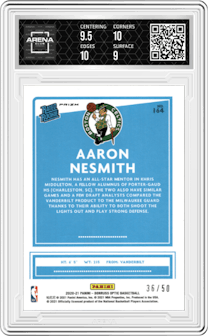 Aaron Nesmith from the 2020-21 Panini Donruss Optic set featuring a Fast Break Blue parallel graded by Arena Club and given an overall grade of 9.5.