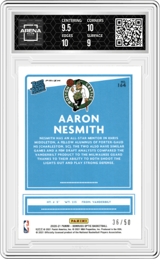 Aaron Nesmith from the 2020-21 Panini Donruss Optic set featuring a Fast Break Blue parallel graded by Arena Club and given an overall grade of 9.5.