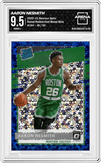 Aaron Nesmith from the 2020-21 Panini Donruss Optic set featuring a Fast Break Blue parallel graded by Arena Club and given an overall grade of 9.5.