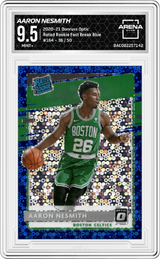 Aaron Nesmith from the 2020-21 Panini Donruss Optic set featuring a Fast Break Blue parallel graded by Arena Club and given an overall grade of 9.5.