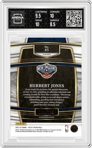 Herbert Jones from the 2021-22 Panini Select set featuring a Red Prizm parallel graded by Arena Club and given an overall grade of 9.