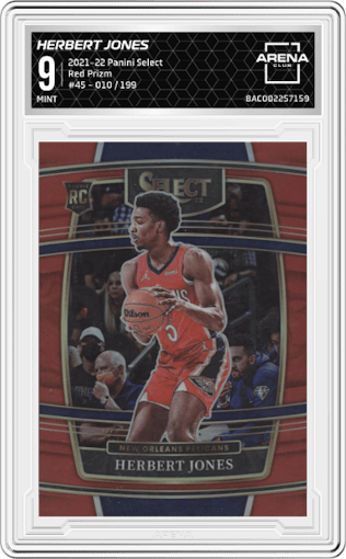 Herbert Jones from the 2021-22 Panini Select set featuring a Red Prizm parallel graded by Arena Club and given an overall grade of 9.