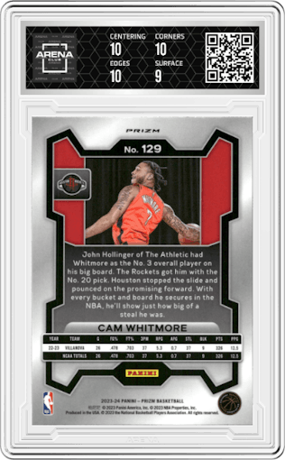 Cam Whitmore from the 2023-24 Panini Prizm set featuring a Red Ice parallel graded by Arena Club and given an overall grade of 9.5.