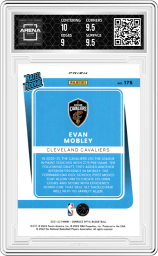 Evan Mobley
 from the 2021-22 Panini Donruss Optic set featuring a Blue Velocity parallel graded by Arena Club and given an overall grade of 9.5.
