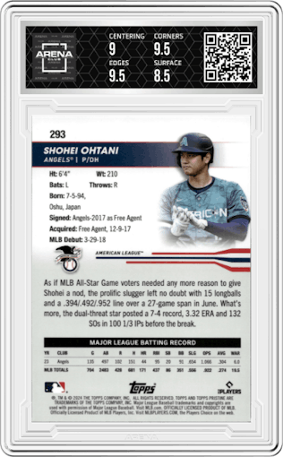 Shohei Ohtani from the 2024 Topps Pristine set graded by Arena Club and given an overall grade of 9.