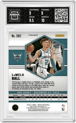 LaMelo Ball from the 2020-21 Panini Mosaic set featuring a Red Wave parallel graded by Arena Club and given an overall grade of 9.5.
